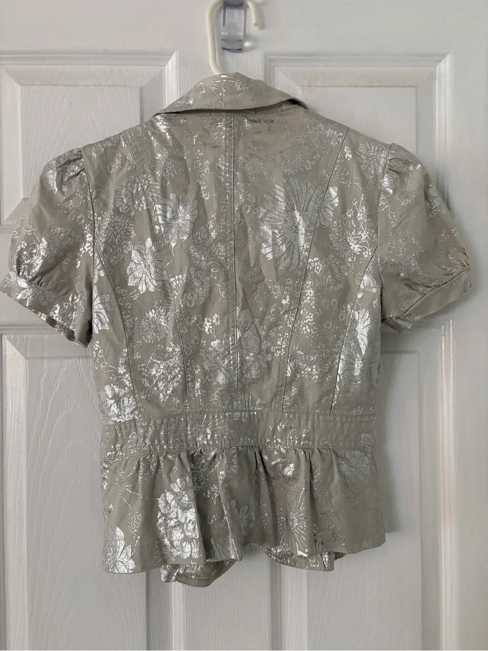 Silver Floral Brocade Peplum Blazer Belted Puff Sleeve Y2K Size S